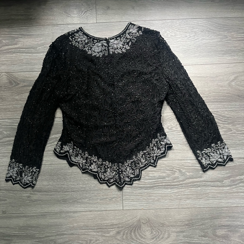 Vintage Laurence Kazar Black Silver All Over Beaded Long Sleeve Top Glam Party - Picture 7 of 10